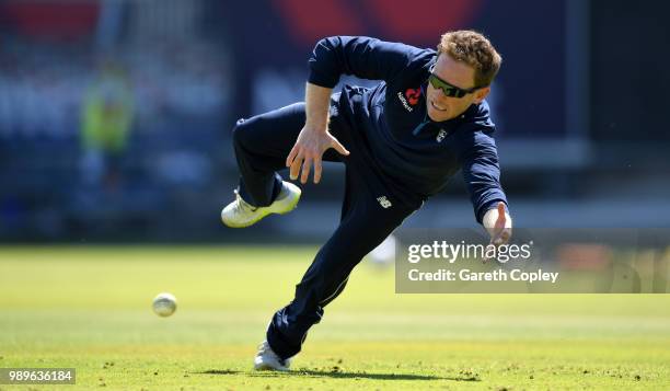 England captain Eoin Morgan catches during a net session at Emirates Old Trafford on July 2, 2018 in Manchester, England.