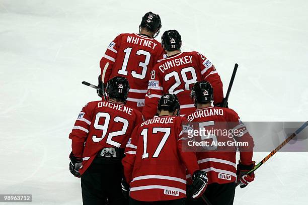 Marc Giordano, Rene Bourque, Matt Duchene, Kyle Cumiskey and Ray Whitney of Canada leave the ice after Marc Giordano scored his team's second goal...