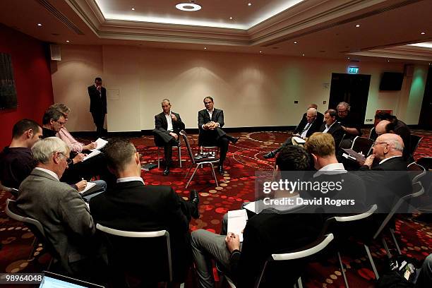 Martin Johnson, the England team manager,and Stuart Lancaster the Saxons coach face the media at a conference held at Twickenham on May 11, 2010 in...