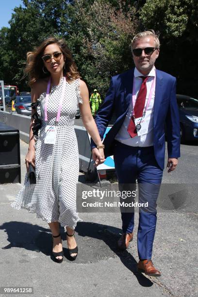 Myleene Klass and Simon Motson seen arriving at Wimbledon Day 1 on July 2, 2018 in London, England.