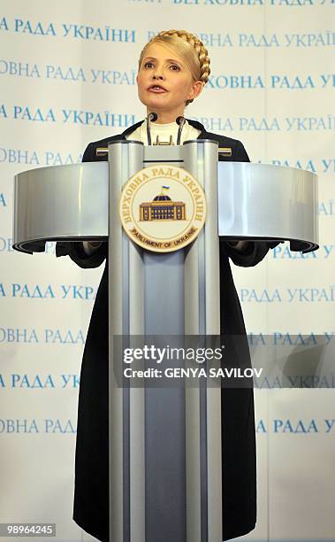 Ukrainian former Prime Minister and Opposition leader Yulia Tymoshenko address the media in Ukrainian Parliament in Kiev on May 11, 2010. Around...