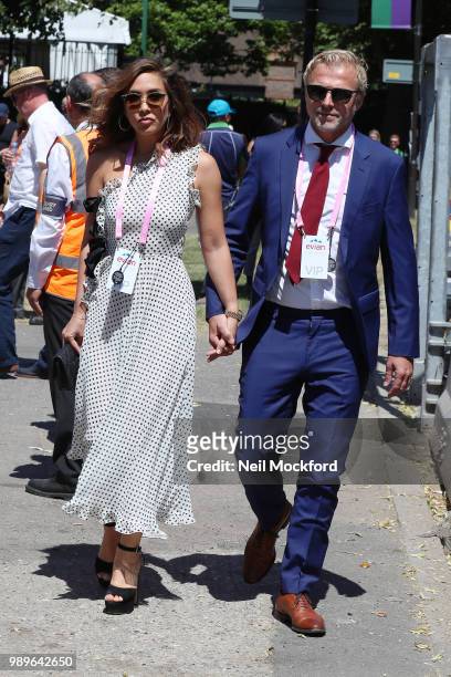 Myleene Klass and Simon Motson seen arriving at Wimbledon Day 1 on July 2, 2018 in London, England.