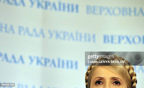 Ukrainian former Prime Minister and Opposition leader Yulia Tymoshenko address the media in Ukrainian Parliament in Kiev on May 11, 2010. Some 2,000...