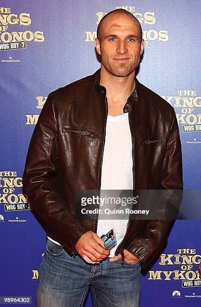 Chris Judd of the carlton Football Club arrives for the world premiere of "The Kings of Mykonos: Wog Boy 2" at Village Jam Factory on May 11, 2010 in...
