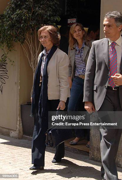 Queen Sofia of Spain and Princess Cristina of Spain leave a restaurant where they had lunch after visiting King Juan Carlos I at hospital Clinic,...