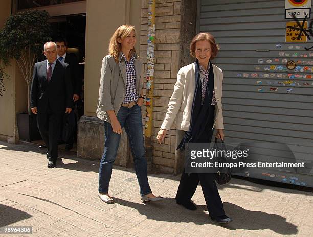 Queen Sofia of Spain and Princess Cristina of Spain leave a restaurant where they had lunch after visiting King Juan Carlos I at hospital Clinic,...