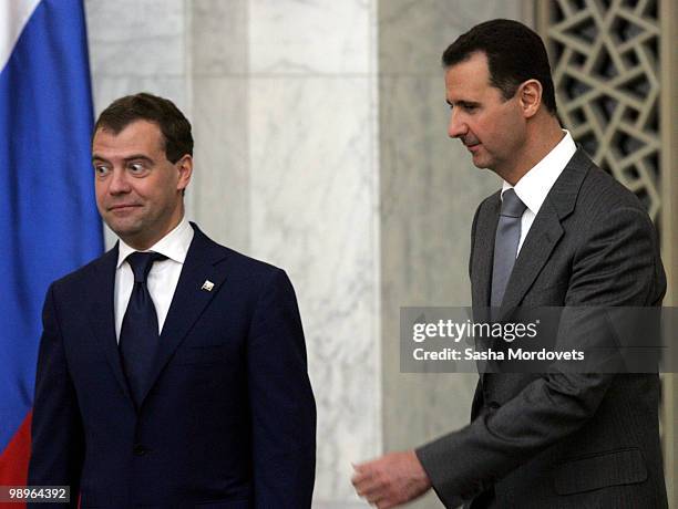 Syrian President Bashar Assad receives Russian President Dmitry Medvedev May 10, 2010 in Damascus, Syria. Medvedev is on a two-day state visit and...