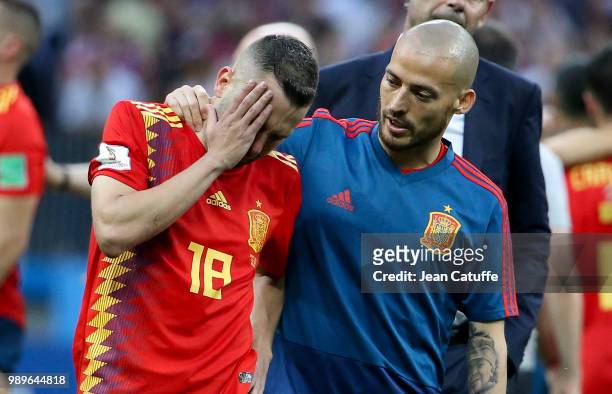 Jordi Alba, David Silva of Spain dejected following the 2018 FIFA World Cup Russia Round of 16 match between Spain and Russia at Luzhniki Stadium on...