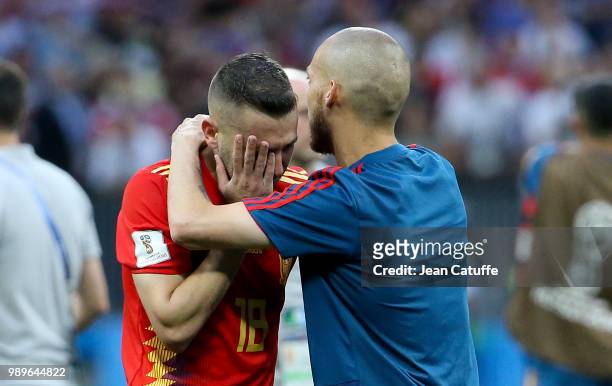 Jordi Alba, David Silva of Spain dejected following the 2018 FIFA World Cup Russia Round of 16 match between Spain and Russia at Luzhniki Stadium on...