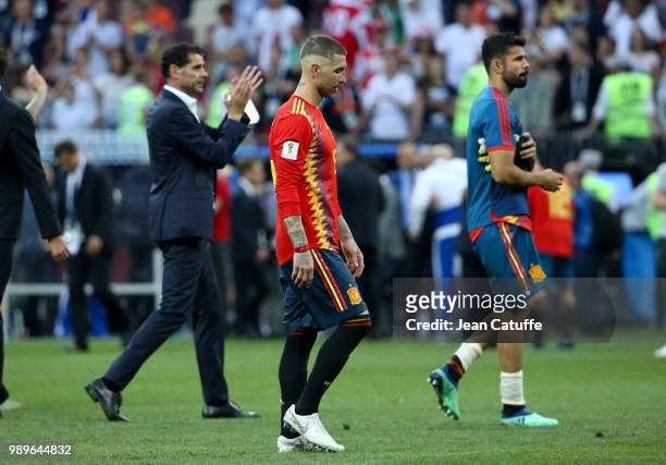 Sergio Ramos of Spain between coach Fernando Hierro and Diego Costa following the 2018 FIFA World Cup Russia Round of 16 match between Spain and...