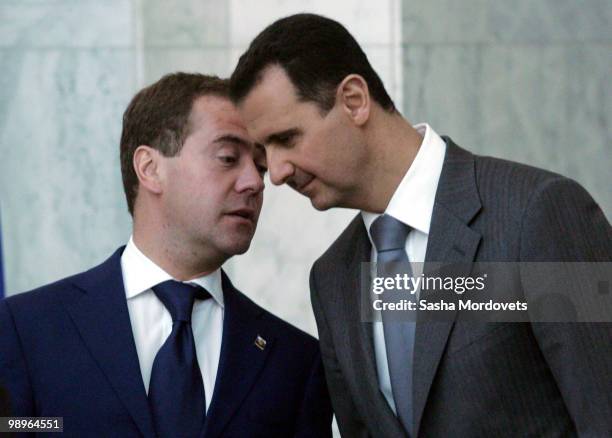 Syrian President Bashar Assad receives Russian President Dmitry Medvedev May 10, 2010 in Damascus, Syria. Medvedev is on a two-day state visit and...