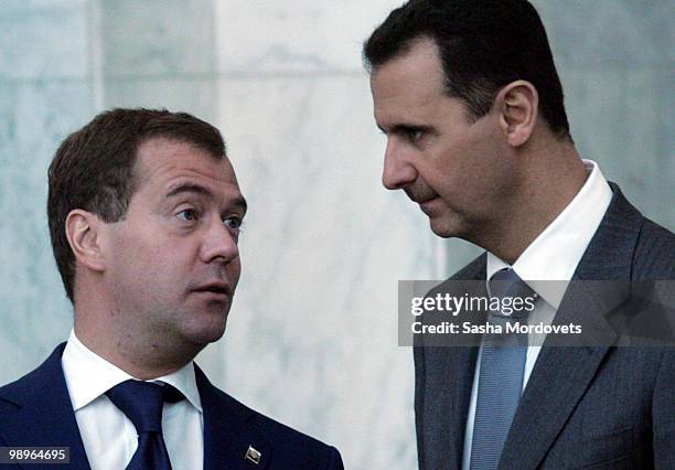 Syrian President Bashar Assad receives Russian President Dmitry Medvedev May 10, 2010 in Damascus, Syria. Medvedev is on a two-day state visit and...