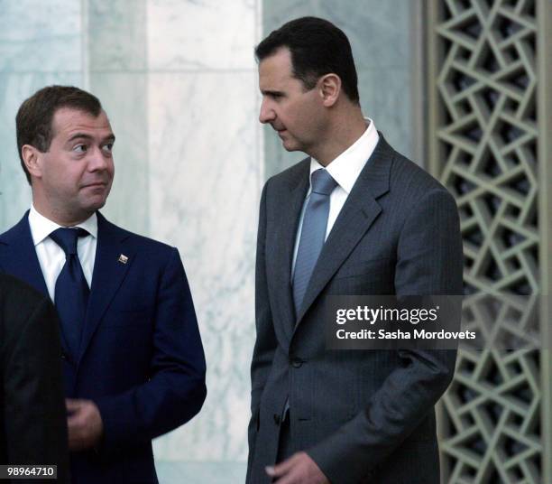 Syrian President Bashar Assad receives Russian President Dmitry Medvedev May 10, 2010 in Damascus, Syria. Medvedev is on a two-day state visit and...