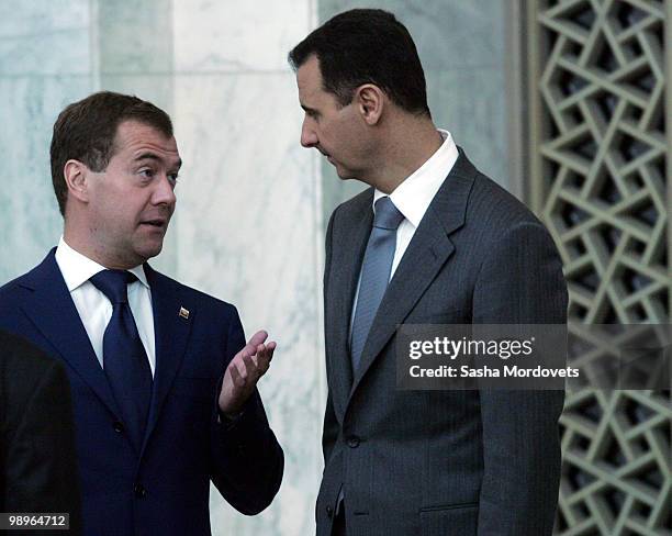 Syrian President Bashar Assad receives Russian President Dmitry Medvedev May 10, 2010 in Damascus, Syria. Medvedev is on a two-day state visit and...