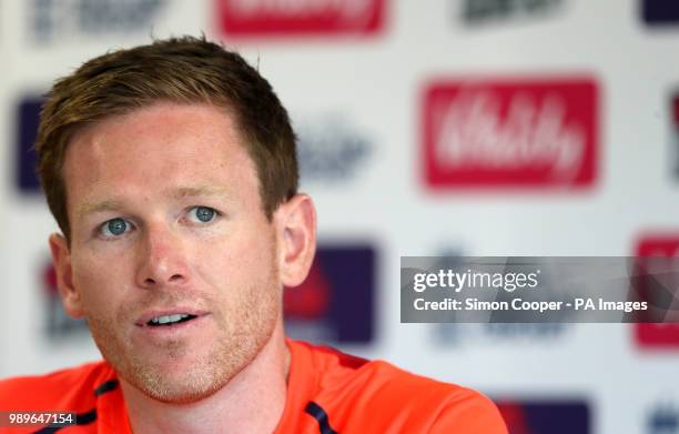 England's Eoin Morgan speaks to the media during a press conference at The Emirates Old Trafford, Manchester.