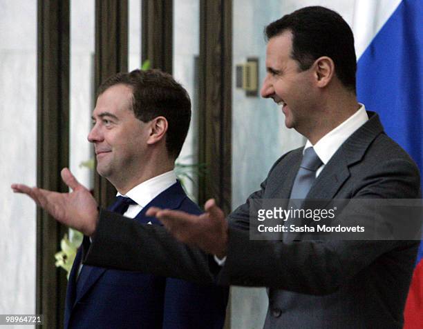 Syrian President Bashar Assad receives Russian President Dmitry Medvedev May 10, 2010 in Damascus, Syria. Medvedev is on a two-day state visit and...