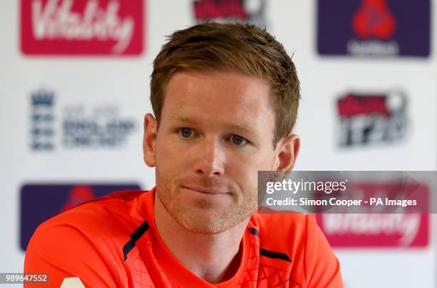 England's Eoin Morgan speaks to the media during a press conference at The Emirates Old Trafford, Manchester.