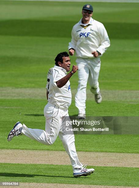 Samit Patel of Nottinghamshire celebrtaes after taking the wicket of Liam Plunkett of Durham during the LV County Championship match between...