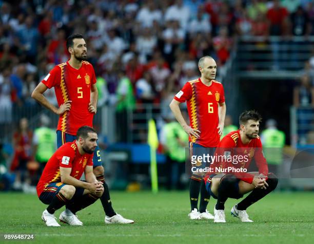 Round of 16 Russia v Spain - FIFA World Cup Russia 2018 Dani Carvajal, Sergi Busquets, Andres Iniesta and Gerard Pique during the penalty shootout at...