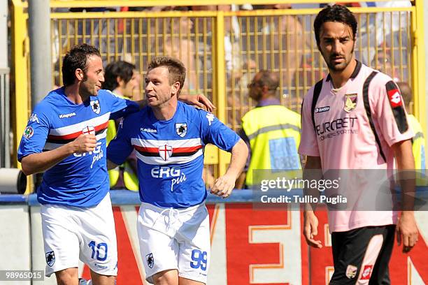 Giampaolo Pazzini of Sampdoria and his team mate Antonio Cassano celebrate the opening goal as Mattia Cassani during the Serie A match between US...