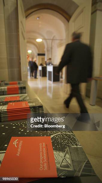 ArcelorMittal annual reports sit on display ahead of the annual general meeting in Luxembourg, on Tuesday, May 11, 2010. ArcelorMittal Chief...