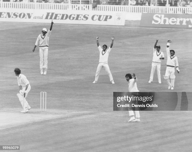 England cricketer Mike Brearley survives an appeal for LBW against Roberts at the start of the Second Test against the West Indies at Lord's Cricket...