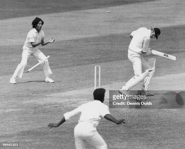 England captain Tony Greig is bowled for a duck by Andy Roberts during the First Test against the West Indies at Trent Bridge, Nottingham, 7th June...