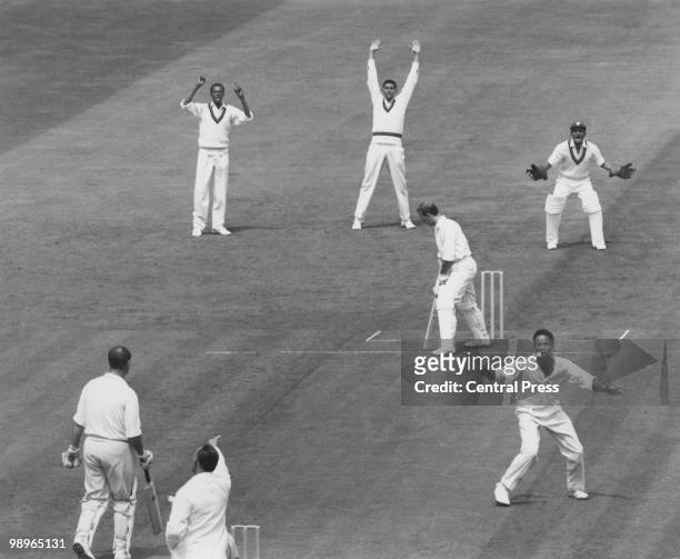 After an appeal, England batsman Micky Stewart is out LBW for 39 off Gary Sobers of the West Indies, during the Third Test at Edgbaston, Birmingham,...