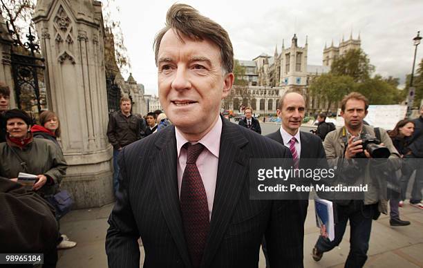 Labour Lord Mandelson and Lord Adonis walk from Parliament on May 11, 2010 in London, England. British Prime Minister Gordon Brown has announced that...