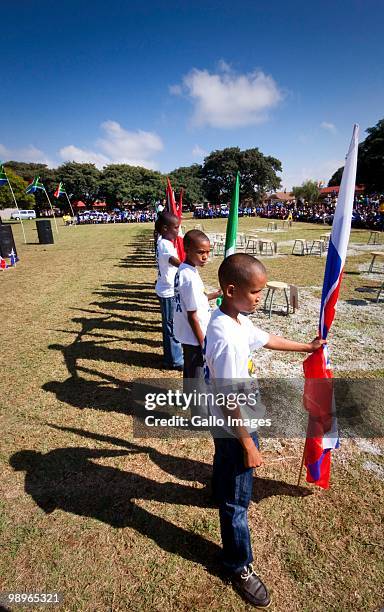 Pupils of the Jacaranda Primary School in Eersterust take part in a flag ceremony for the Fifa World Cup on 10 May 2010, in Pretoria, South Africa....