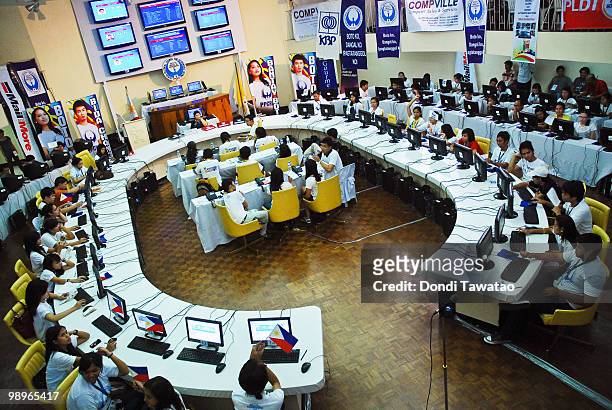 Youth volunteers tabulate results on May 11, 2010 in Manila Phillipines . The country went to the polls yesterday to elect the 15th President of the...
