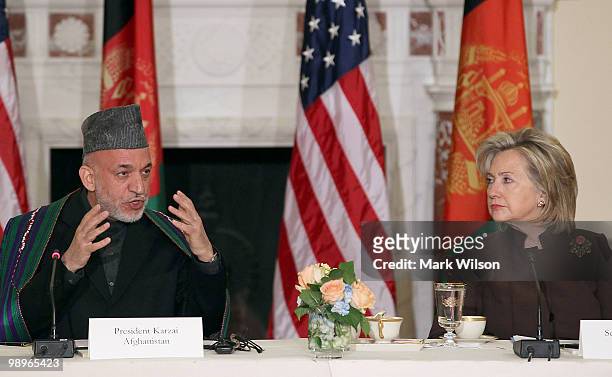 Afghanistan President Hamid Karzai and Secretaryof State Hillary Clinton participate in a discussion at the State Department on May 11, 2010 in...