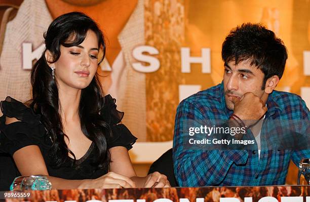 Bollywood actors Katrina Kaif and Ranbir Kapoor take part in a press conference for the movie 'Rajneeti' , on May 8, 2010 in Mumbai, India. 'Rajniti'...