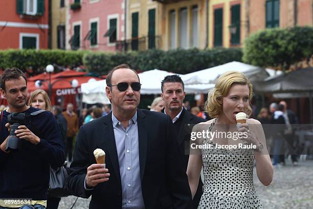 Kevin Spacey and Cate Blanchett are seen while filming for IWC on May 8, 2010 in Portofino, Italy.