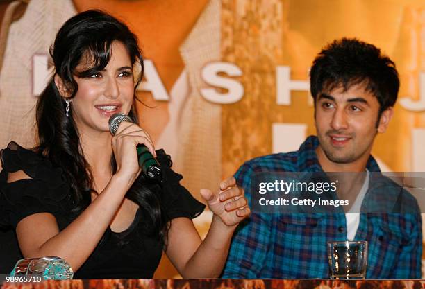 Bollywood actors Katrina Kaif and Ranbir Kapoor take part in a press conference for the movie 'Rajneeti' , on May 8, 2010 in Mumbai, India. 'Rajniti'...