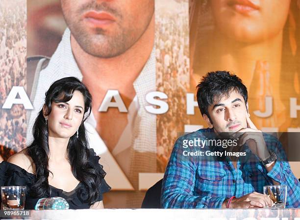 Bollywood actors Katrina Kaif and Ranbir Kapoor take part in a press conference for the movie 'Rajneeti' , on May 8, 2010 in Mumbai, India. 'Rajniti'...