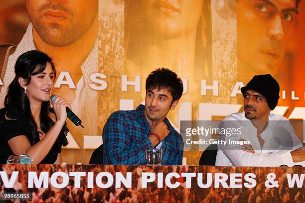 Bollywood actors Katrina Kaif , Ranbir Kapoor and and Arjun Rampal take part in a press conference for the movie 'Rajneeti' , on May 8, 2010 in...