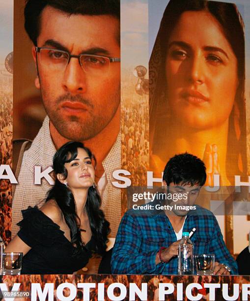 Bollywood actors Katrina Kaif and Ranbir Kapoor take part in a press conference for the movie 'Rajneeti' , on May 8, 2010 in Mumbai, India. 'Rajniti'...