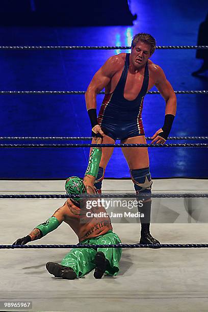 Wrestling fighters Jack Swagger and Rey Misterio fight during the WWE Smackdown Wrestling at Arena Monterrey on May 9, 2010 in Monterrey, Mexico.