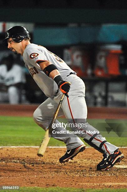 Aaron Rowand of the San Francisco Giants bats during a MLB game against the Florida Marlins in Sun Life Stadium on May 6, 2010 in Miami, Florida.