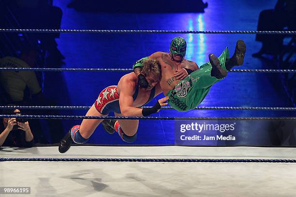 Wrestling fighters Jack Swagger and Rey Misterio fight during the WWE Smackdown Wrestling at Arena Monterrey on May 9, 2010 in Monterrey, Mexico....