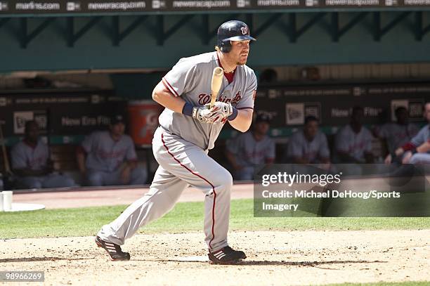 Adam Dunn of the Washington Nationals bats during a MLB game against the Florida Marlins in Sun Life Stadium on May 2, 2010 in Miami, Florida.