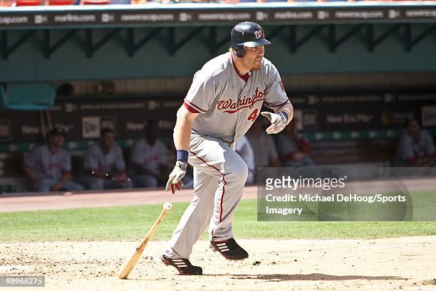 Adam Dunn of the Washington Nationals runs to first base during a MLB game against the Florida Marlins in Sun Life Stadium on May 2, 2010 in Miami,...