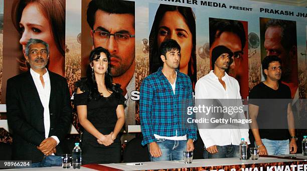 Bollywood filmmaker Prakash Jha, actors Katrina Kaif, Ranbir Kapoor, Arjun Rampal and Manoj Bajpai take part in a press conference for the movie...