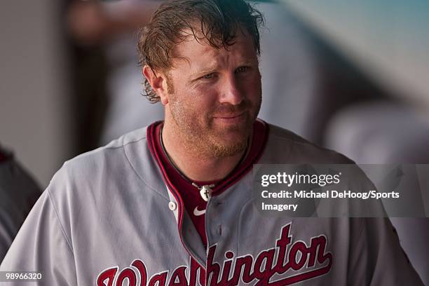 Adam Dunn of the Washington Nationals looks on during a MLB game against the Florida Marlins in Sun Life Stadium on May 2, 2010 in Miami, Florida.