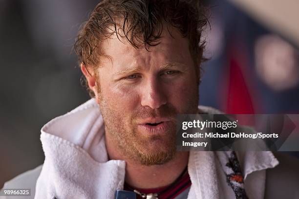 Adam Dunn of the Washington Nationals looks on during a MLB game against the Florida Marlins in Sun Life Stadium on May 2, 2010 in Miami, Florida.