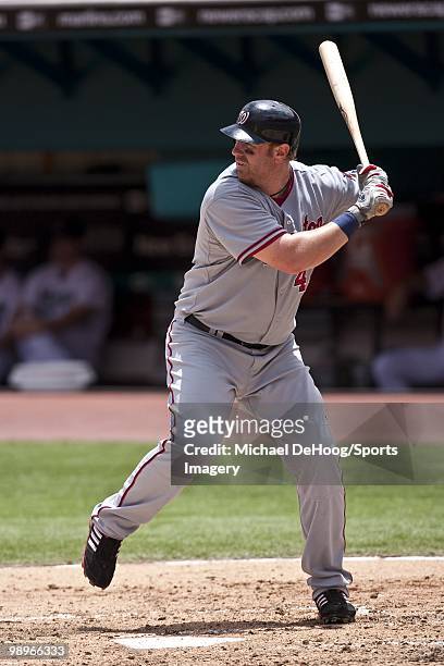 Adam Dunn of the Washington Nationals bats during a MLB game against the Florida Marlins in Sun Life Stadium on May 2, 2010 in Miami, Florida.