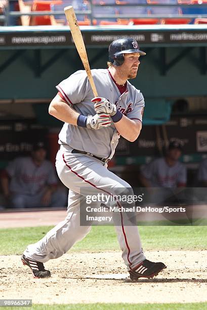 Adam Dunn of the Washington Nationals bats during a MLB game against the Florida Marlins in Sun Life Stadium on May 2, 2010 in Miami, Florida.