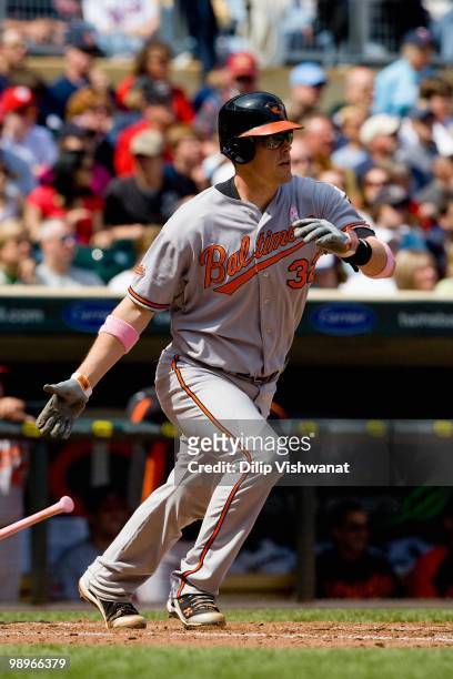 Matt Weiters of the Baltimore Orioles throws to second base against the Minnesota Twins at Target Field on May 9, 2010 in Minneapolis, Minnesota. The...