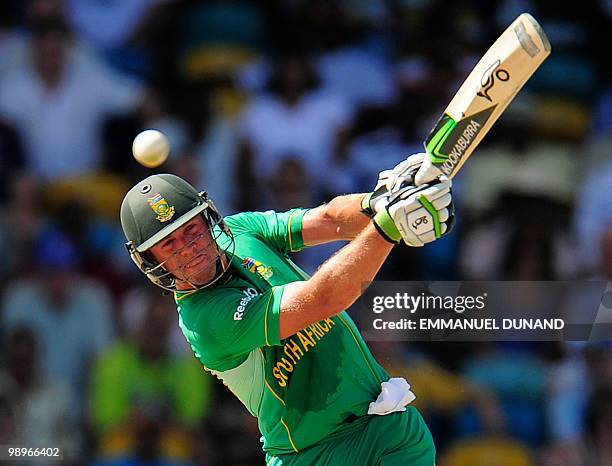 South African batsman AB de Villiers plays a shot during The ICC World Twenty20 Super Eight match between South Africa and New Zealand at the...